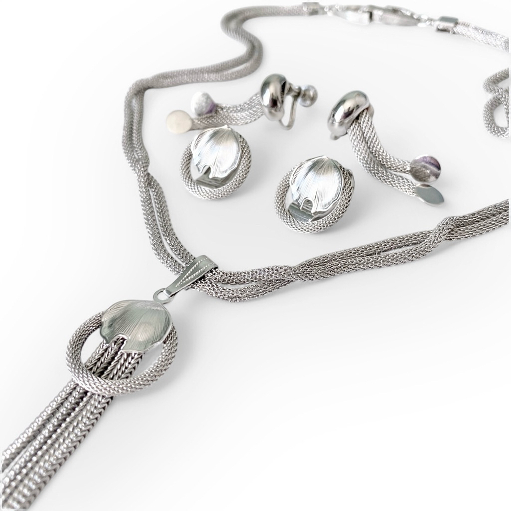 Vintage Continental Silver-tone Mesh Jewelry Set Necklace Earrings Pairs Lot - Picture 4 of 9